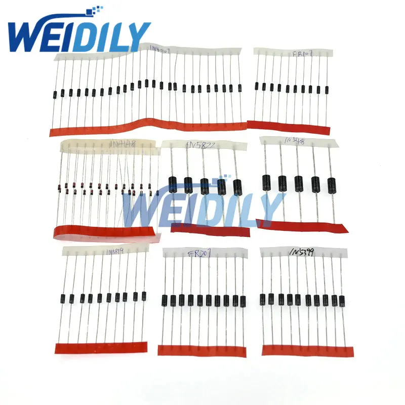 100PCS 8values 1N4148 1N4007 1N5819 1N5399 1N5408 1N5822 FR107 FR207 Electronic Components Package Diode Assorted Kit