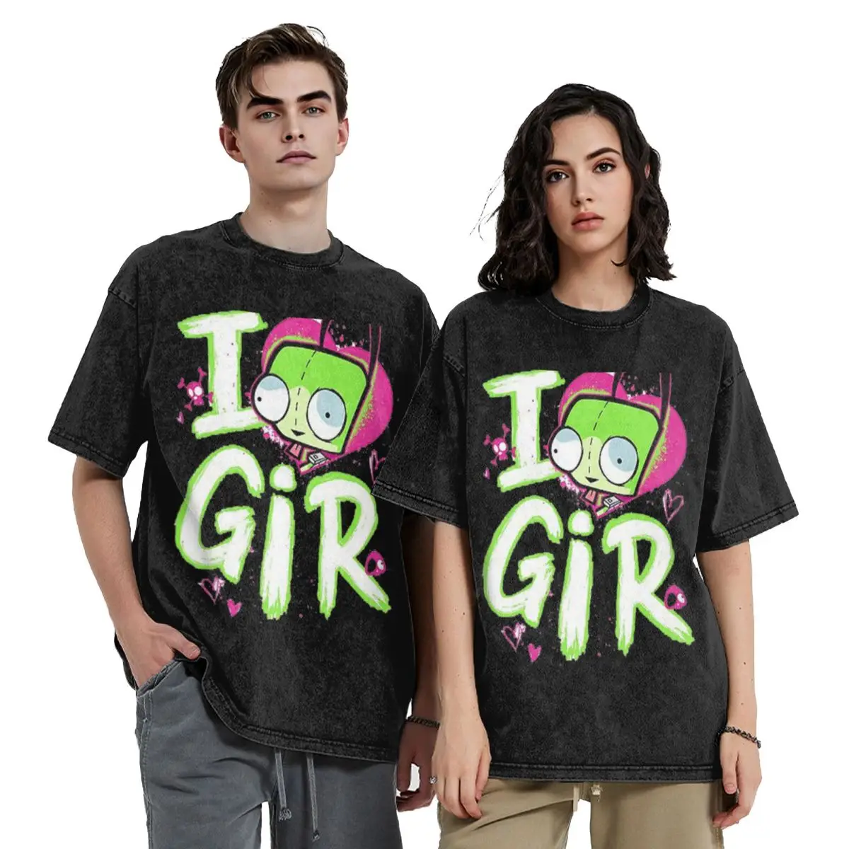 Invader Zim Valentine's Day I Love GIR Hip Hop Short Sleeve T-Shirts Washed Tops Tees Streetwear T Shirt Harajuku for Men Women
