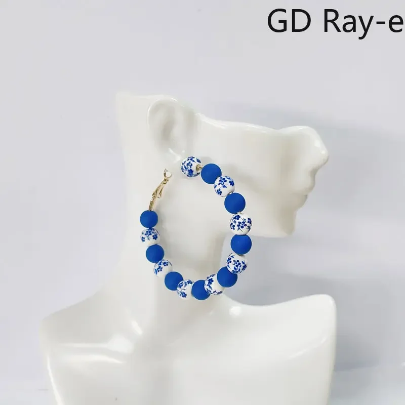 Bohemian Blue and White Porcelain Ceramic Flower Patterns Spacer Beads Hoop Earring for Women Statement Multicolor Earrings Cute