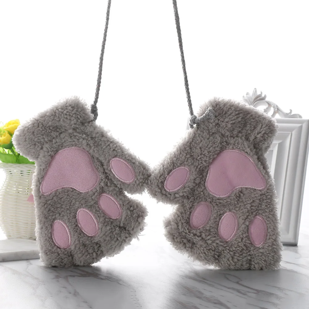 14Colors Women Fluffy Lovely Winter Plush Fingerless Bear Cat Paw  Gloves