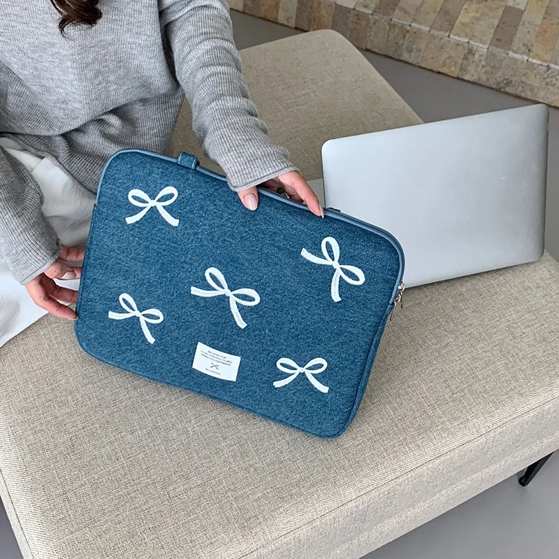 

Bowknot Heart Denim Laptop Handbag Sleeve Bag For Macbook For Ipad Pro For Thinkpad Lenovo HP Dell Notebook PC Computer Tablet