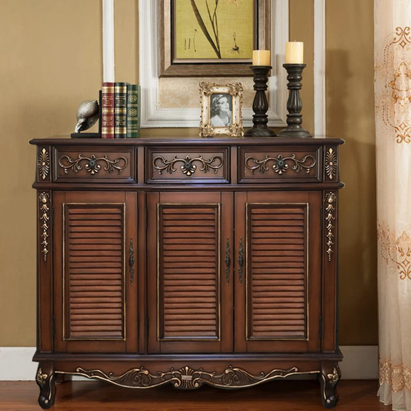 European breathable shoe cabinet household entrance door solid wood American louver retro porch foyer cabinet living room