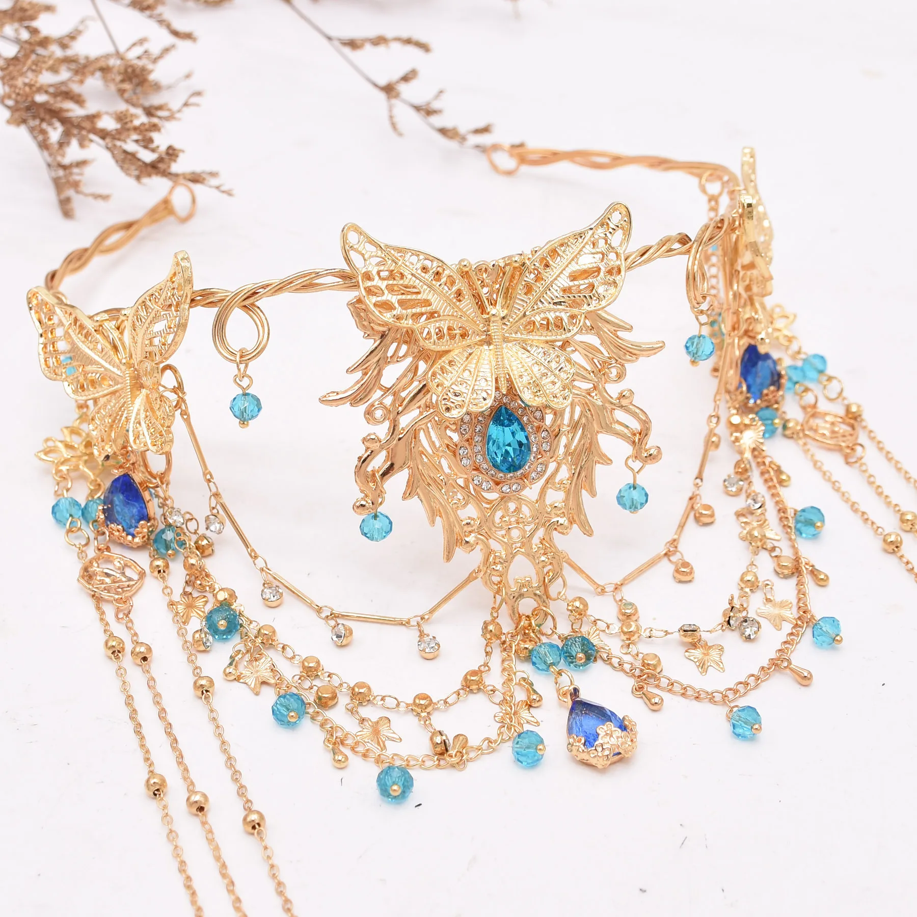 Tiara of Elves Gold Plated Crown Fashion Fairy Ethnic Long Tassel Full Crystal Women Hair Accessories