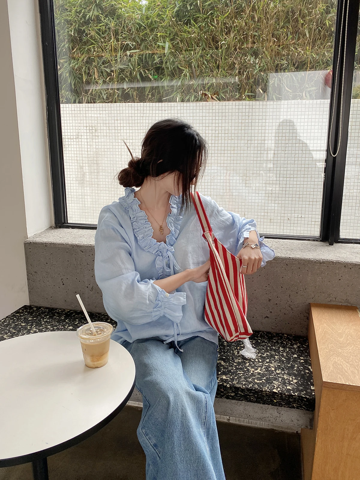 

FEELROOM Handmade Heavyweight Linen Belted Shirt Loose V-Neck Spring Summer Top Comfortable Breathable Long Sleeve Women's Shirt