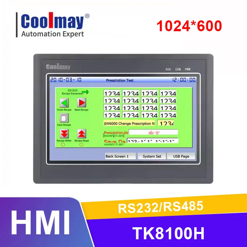 Coolmay 10.1 Inch HMI Touch Panel TK8100H RS232 RS485 Modbus Protocol Resolution Industrial Monitor Controller Industrail