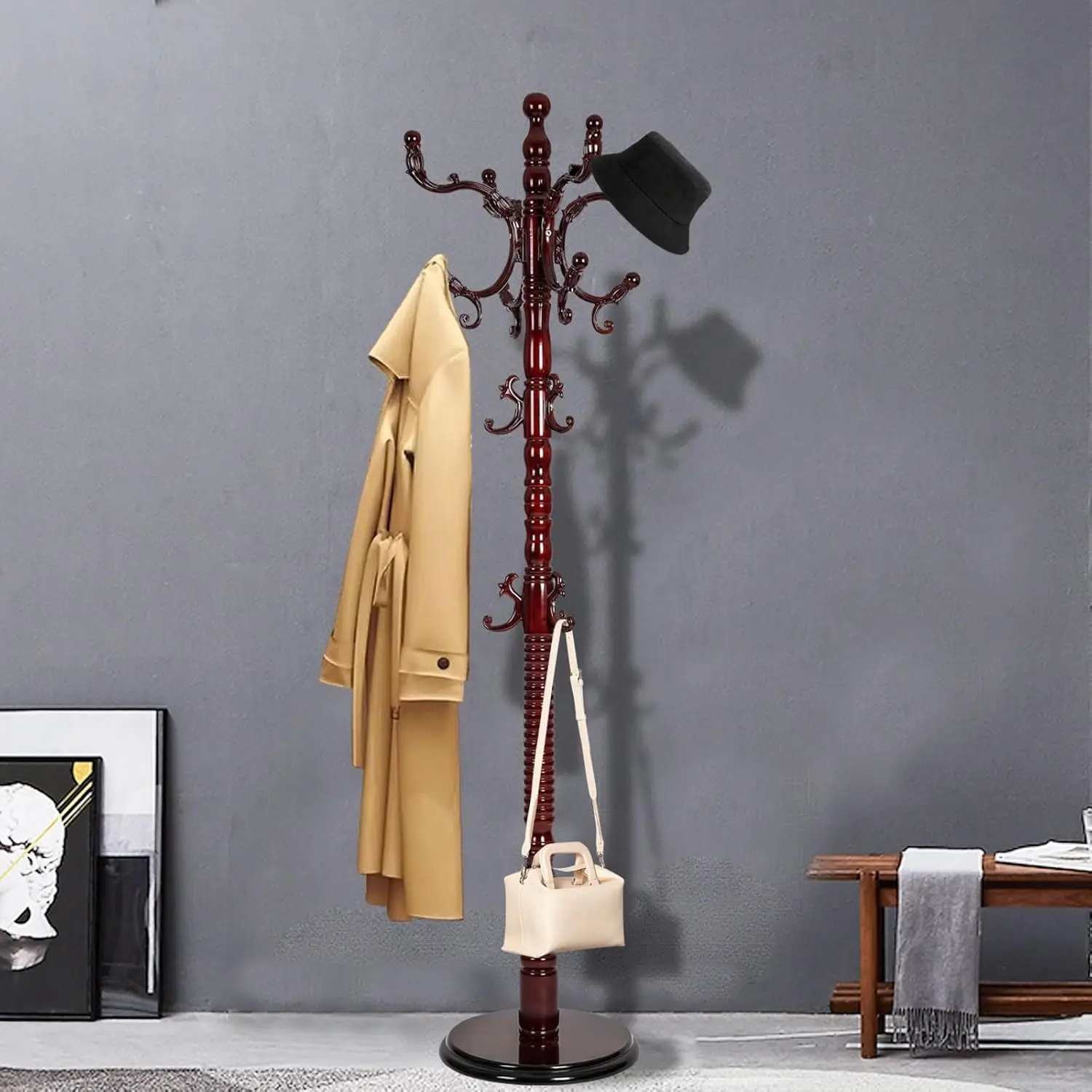 

Coat Racks Free Standing with 14 Hooks, Natural Wood Coat Rack with Solid Round Base, Adjustable Height Coat Racks,, Customized
