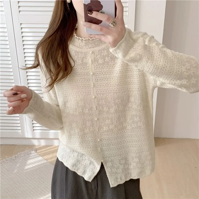 

Весна и осень 2024, новый свитер, кружевной стиль, вязаный свитер, низ, топ с длинными рукавами, темпераментный топ с разрезом из бисера