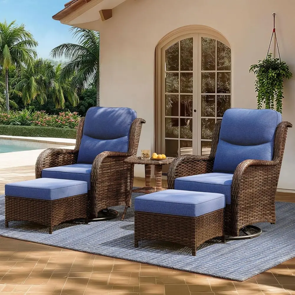 

5-Piece Blue High Back Swivel Rocker Patio Furniture Set with Thick Cushions and Ottoman