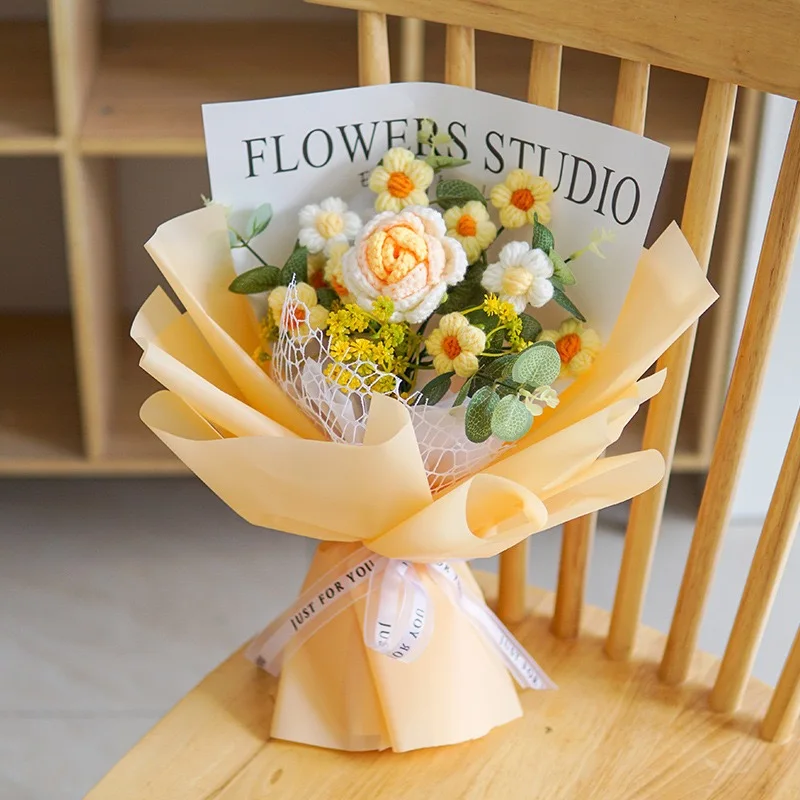 완성된 니트 꽃 해바라기 크로셰 꽃다발 창의적인 꽃 봉제 장난감 발렌타인 어머니의 날 생일 졸업 선물