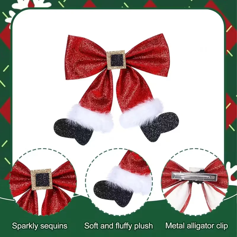 1 Weihnachts-Haarspange – glänzende rote Schleife mit goldener Schnalle und Weihnachtsmützen-Anhänger, glänzende Entenschnabel-Haarspange für Damen, für festliche Anlässe. – Detail 4