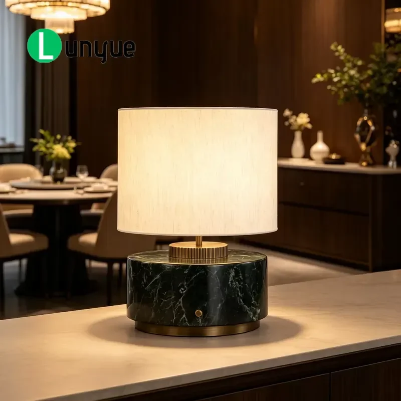Modern Wabi Sabi LED Table Lamp Natural Marble Base Cylindrical Shade Decorative Lighting for Living Room Bedroom Interior