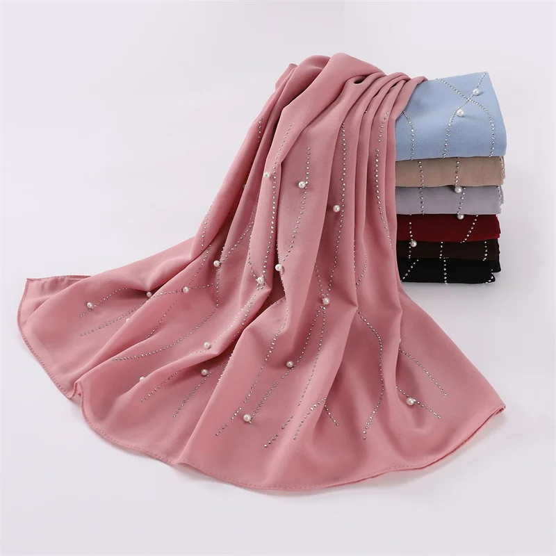 Rhinestone Pearl Bubble Chiffon Instant Hijab Shawl High Quality Wrap Beach Breathable Bufandas Ramadan Muslim Sjaal 175*70Cm