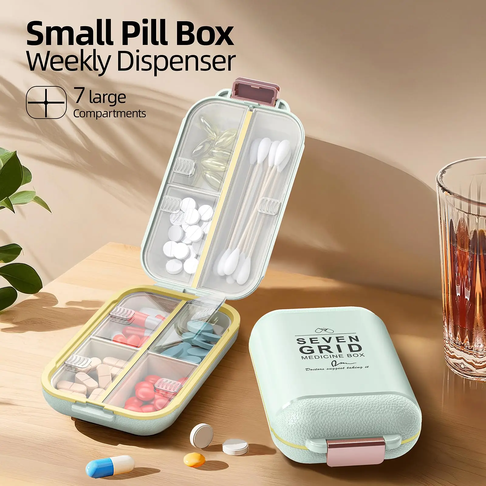 

UNTIOR Generic Portable Pill Organizer 7-Compartment Mini Pill Box Travel Capsule Storage Box BPA-Free Material Pill Container