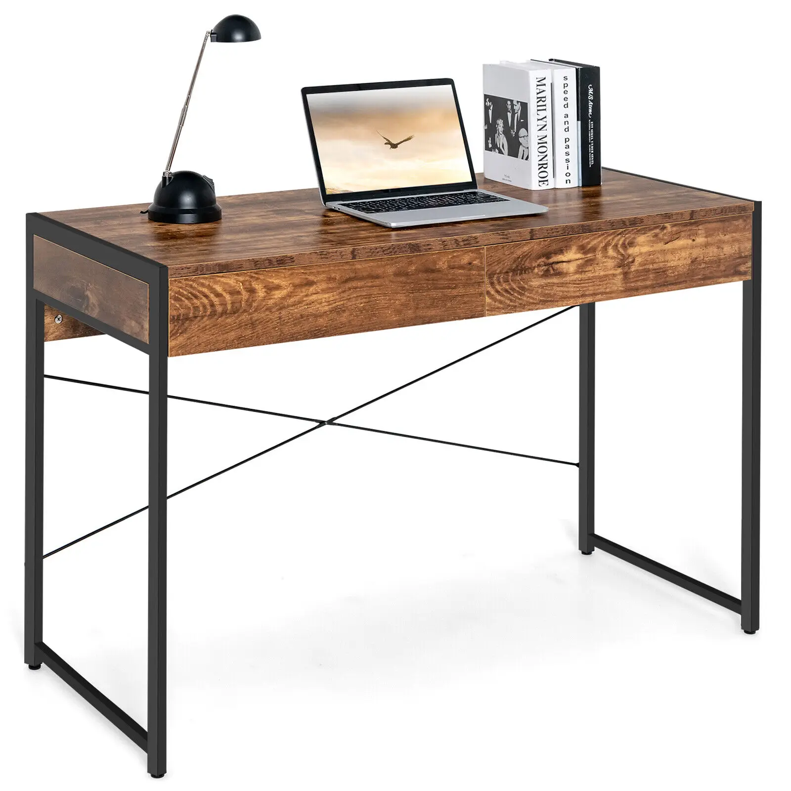 Costway Computer Desk Metal Frame Study Table Home Office Workstation w/2 Drawers Rustic