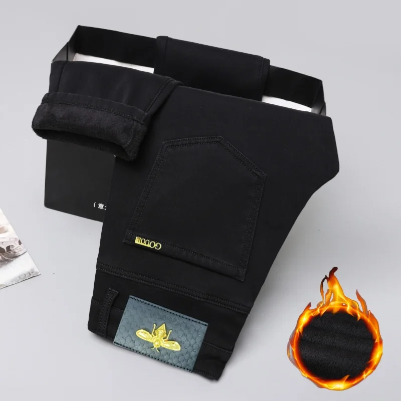 

Мужские джинсы премиум-класса с начесом, повседневные, осенне-зимние, модные, зауженные, для делового стиля, влагоотводящие