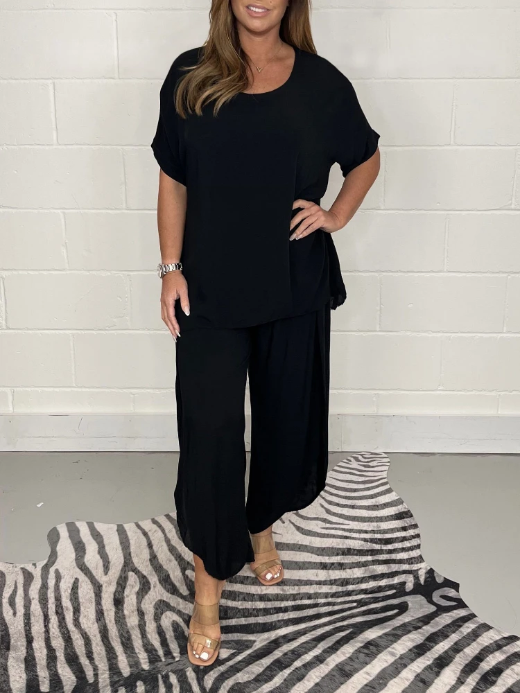 Two Piece Set Women Pant Sets Loose Casual Y2k Round Neck Short Sleeve Tops Wide Leg Trousers Office Lady Elegant Slight Strech