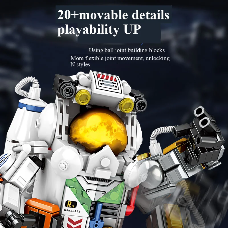 

Астронавты и космонавты собирают строительные блоки, множество блочных городов, модели космических станций и наборы детских игрушек.