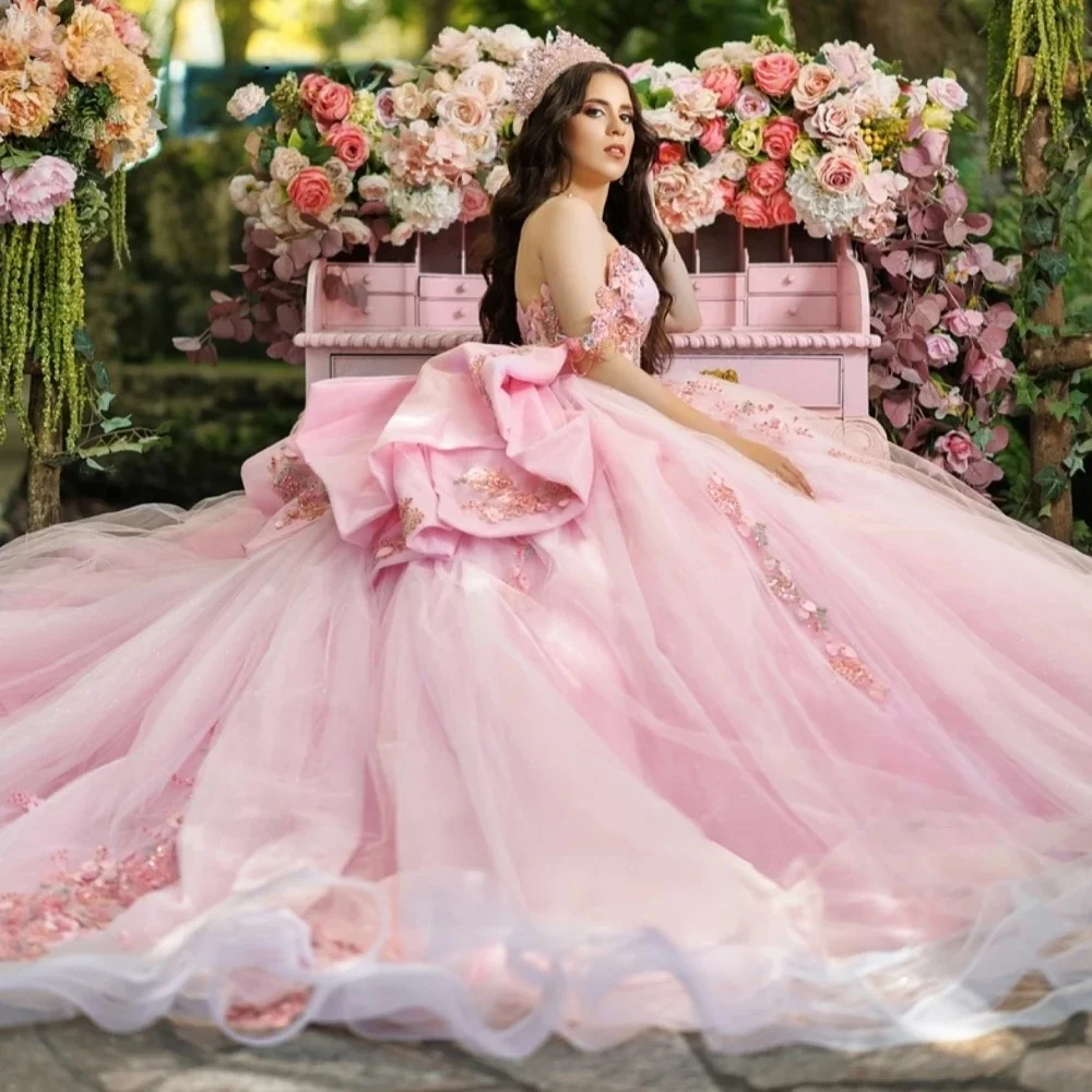 Floral Pink Quinceanera Dresses Ball Gown Off The Shoulder Appliques Beaded Sweet 16 Dresses 15 Años Customized