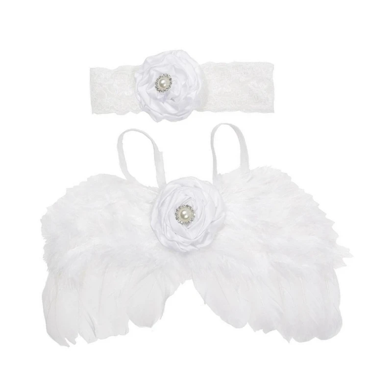 2Pcs Baby Photoshoots Angel Costume Wing Pearl Flower Headband Photo Posing Props Photography Suit Newborn Shower Gift