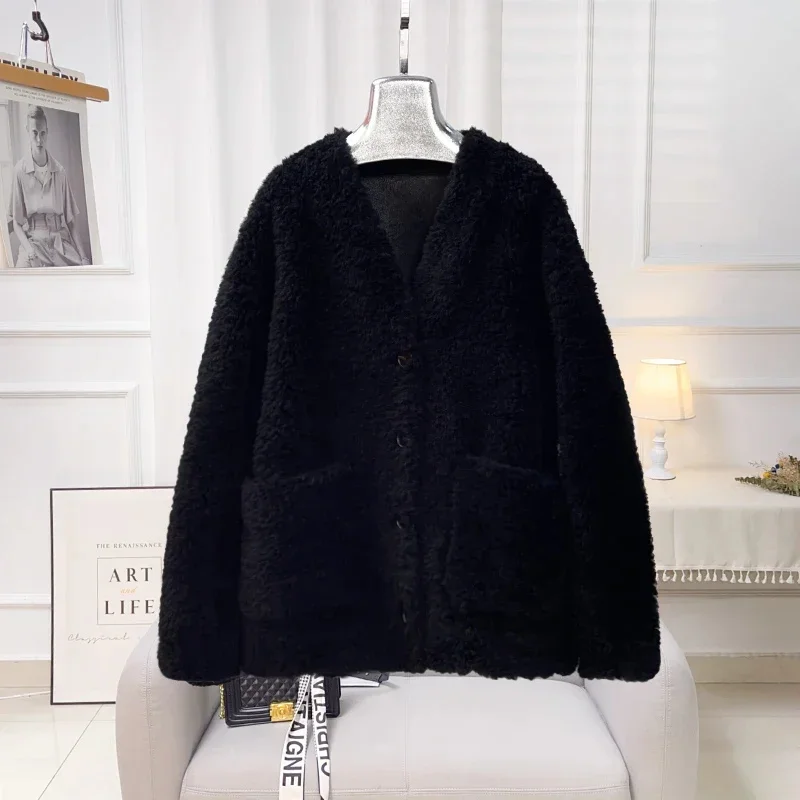 

New AYUNSUE Fashion 2024 Sheep Shearing Jacket for Women Autumn Winter Black Lamb Wool Coat Mid-length V Neck Fur Coats Abrigos