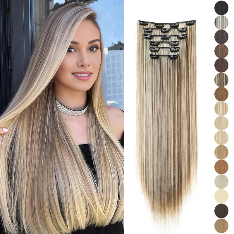 Synthetic 24Inch 16 Clips in Hair Extensions Long Straight Hairstyle Blonde Black Hairpieces Heat Resistant False Hair Daily Use