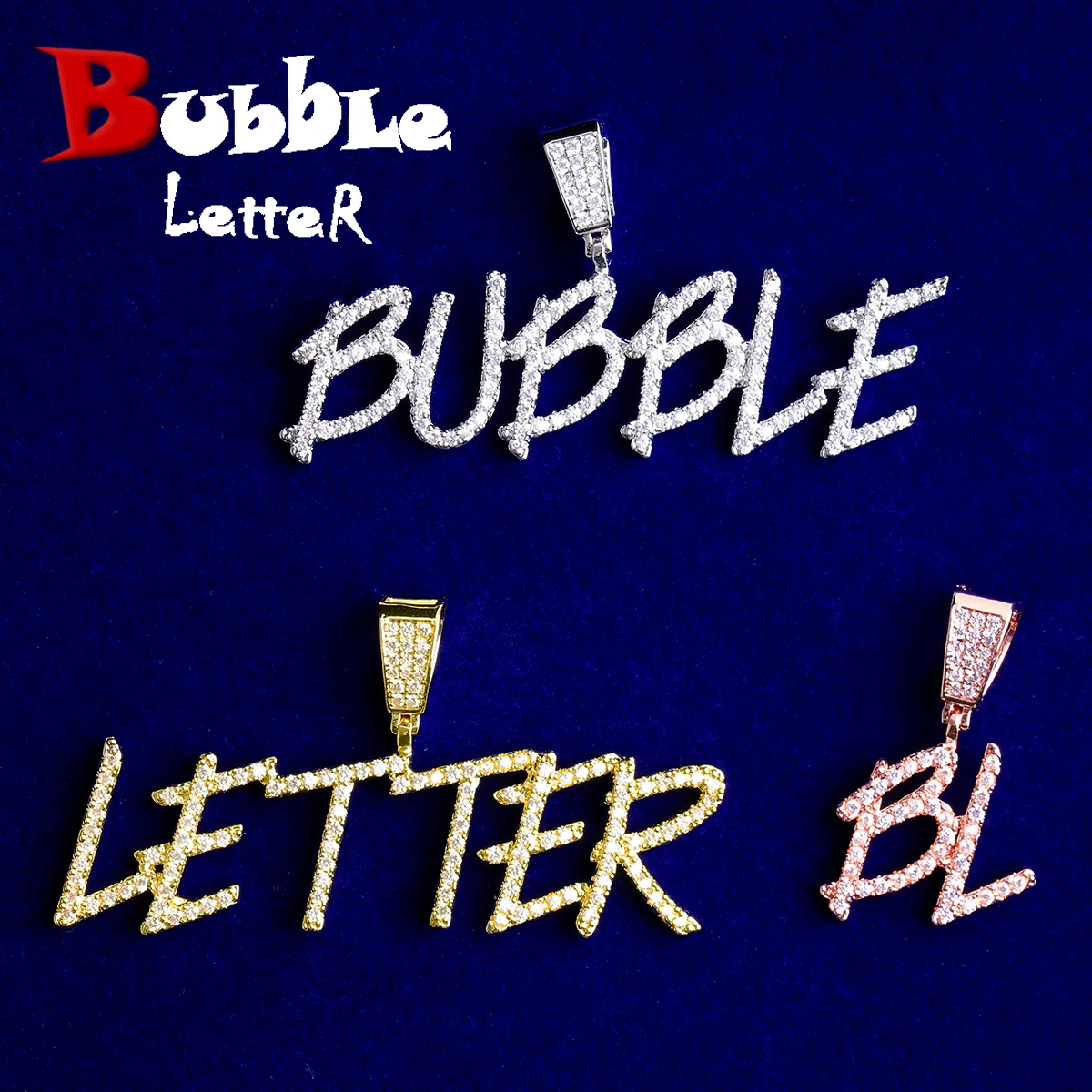 Bubble Letter Iced Out Small Cursive  Custom Name Necklace for Men Real Gold Plated 5A Cubic Zirconia Hip Hop Jewelry