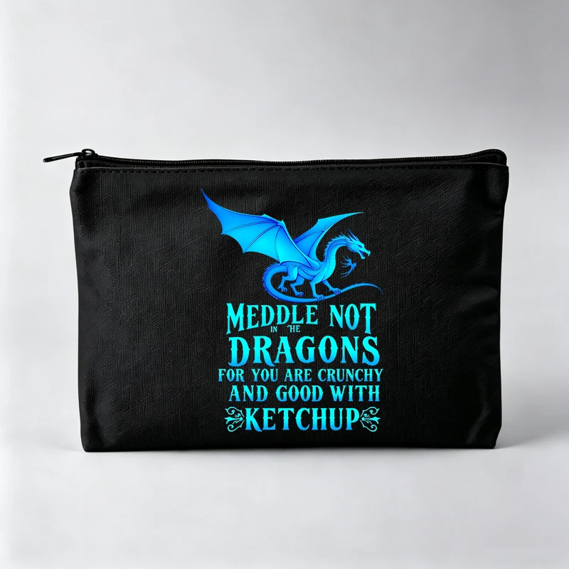 Women's Fantasy Creature Print Makeup Bag with Typography Design, Casual Cosmetic Pouch for Daily Use