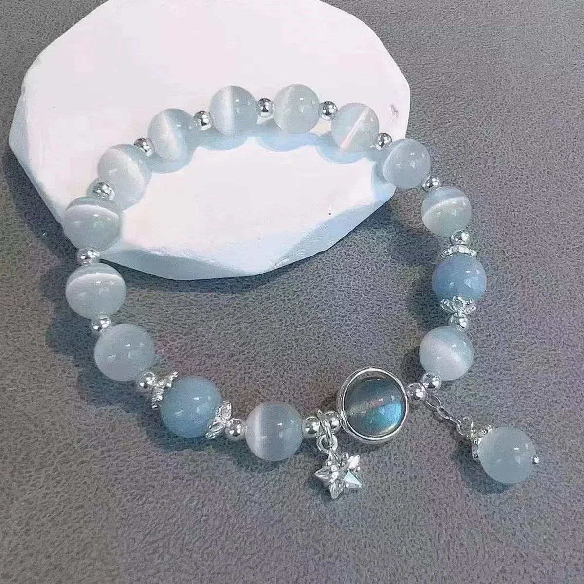 Unique Dreamy Blue Moonstone Cat Eye Pendant Crystal Bead Bracelet Party Jewelry Gift For Women image 2
