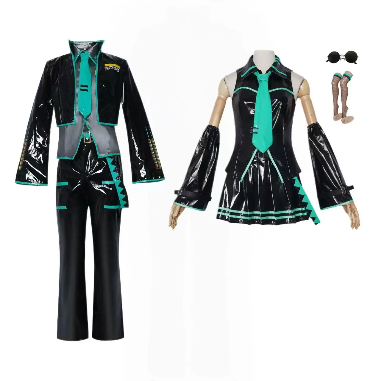 

MikuCosplayCostumeMen's Black LeatherJacketWomen's Sweet Short SkirtMikuミク Christmas CosplayHalloween Accessories
