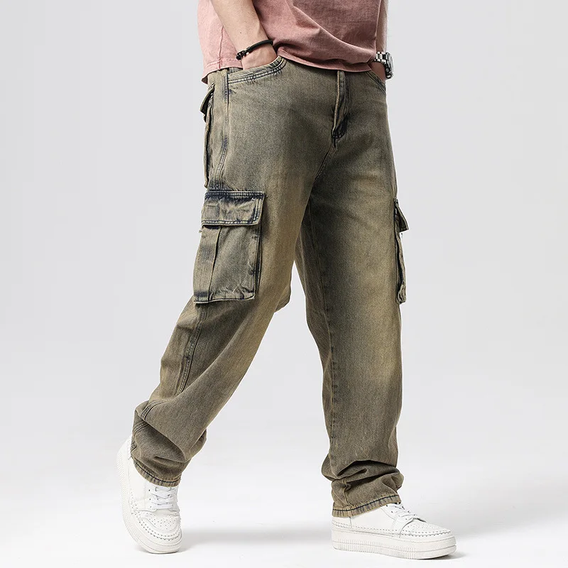 Plus size hip hop trousers men's Vintage retro multi-pocket Cargo pants work skateboard jeans mens jeans 40 42 44 46