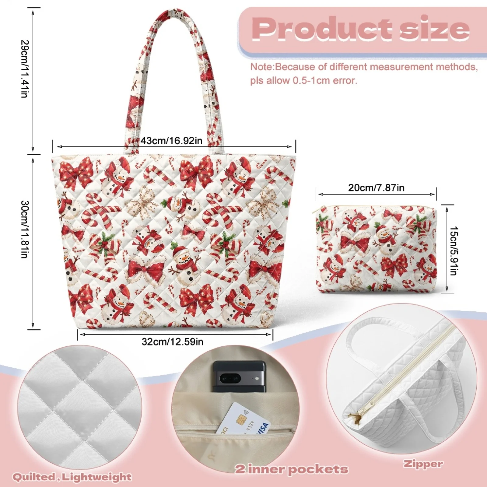 Coloranimal Christmas Snowman 2026 New Set 2 Piece Quilted Shoulder Bag with Cosmetic Pouch Tote for Daily Commute Short Trips