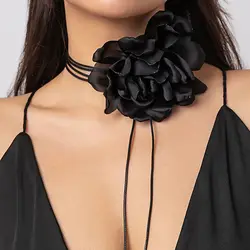 Ingemark Exaggerated Elegant Big Rose Flower Clavicle Chain Necklace Women Kpop Adjustable Bowknot Rope Choker Y2K Accessories