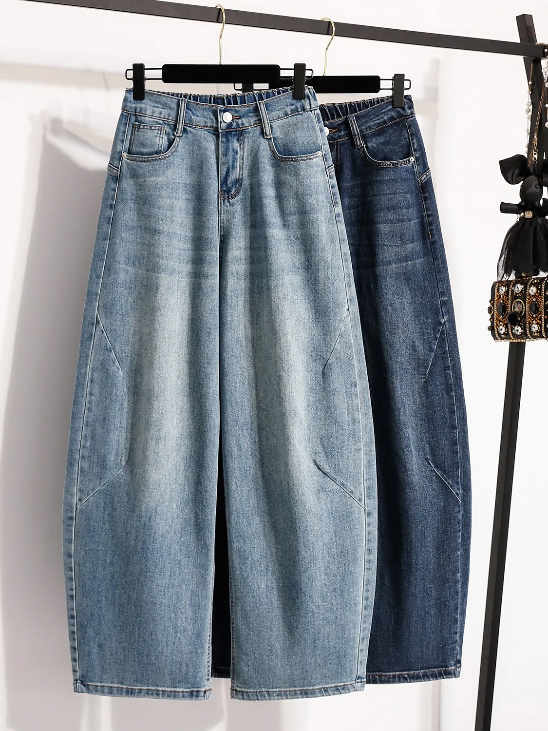 

Retro plus Size Women's Casual Wide Leg Jeans Spring Elastic Waist Conceal Flawin Slimming Long Pants Knife Sle