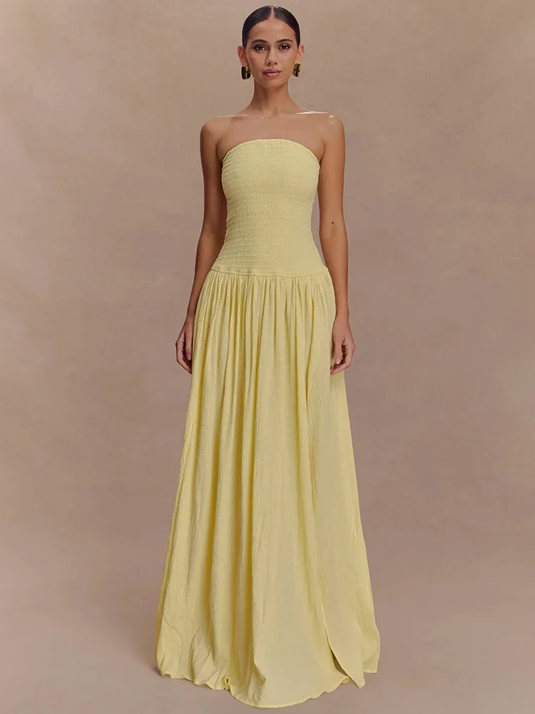 

Off-shoulder Strapless Sexy Maxi Dress Women Elegant Sleeveless Backless Thigh High Split Pleated Club Party Long Dress