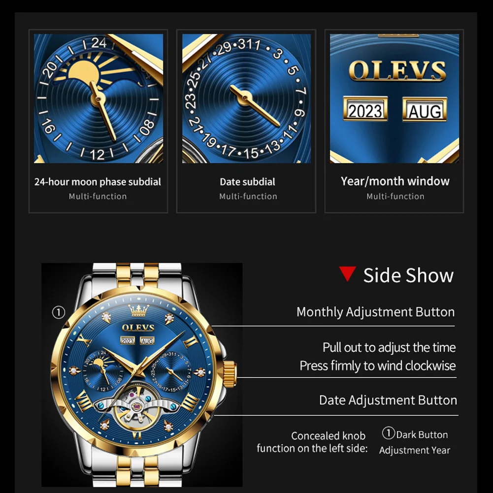 OLEVS 6691 Flywheel Men\'s Watches Bicolor Stainless steel Luxury Automatic Wristwatch Waterproof Moon phase Mechanical Watch Man