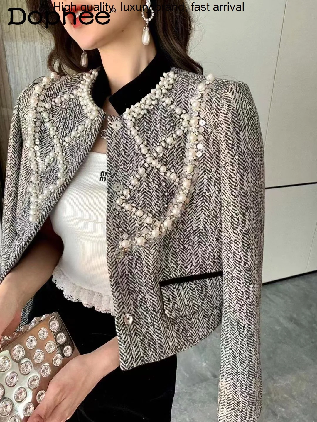 

Heavy French Socialite Industry Pearl Diamond-Embedded Decorative Tweed Coat Women Autumn Winter Clothes Female Woolen Jacket