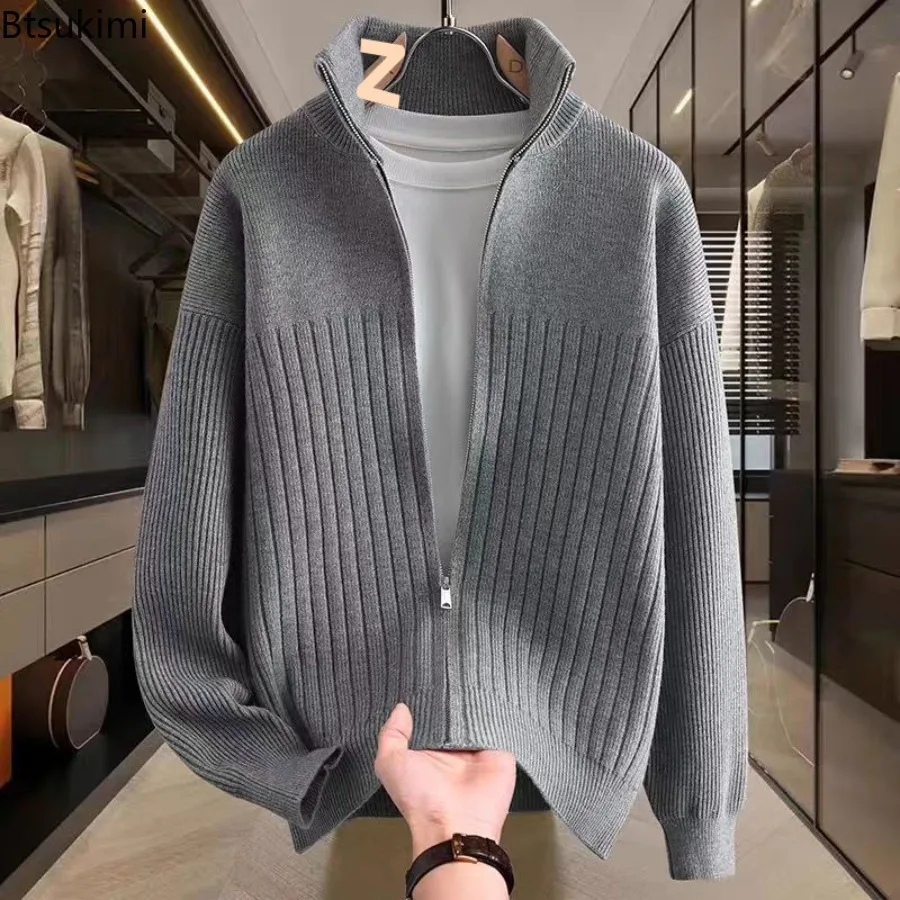 Men Turn Down Collar Solid Color Rib Knit Zip Cardigan Long Sleeve Zipper Sweater Coat Autumn Casual Warm Versatile Outerwear