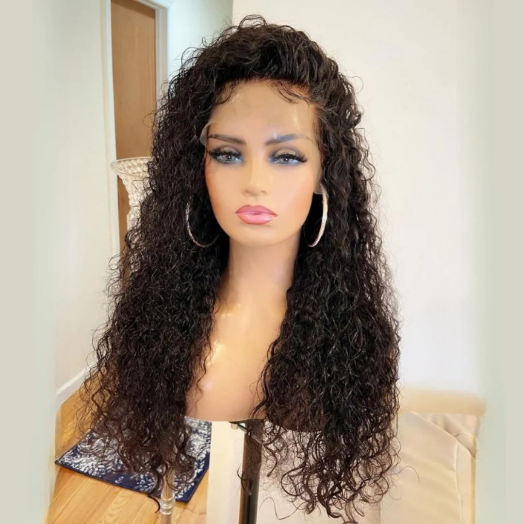 ソフト 26 インチ ナチュラル ブラック キンキー カーリー ロング 180 密度 レース フロントウィッグ 女性用 ベビーヘア付き プレプラックド 合成 グルーレス