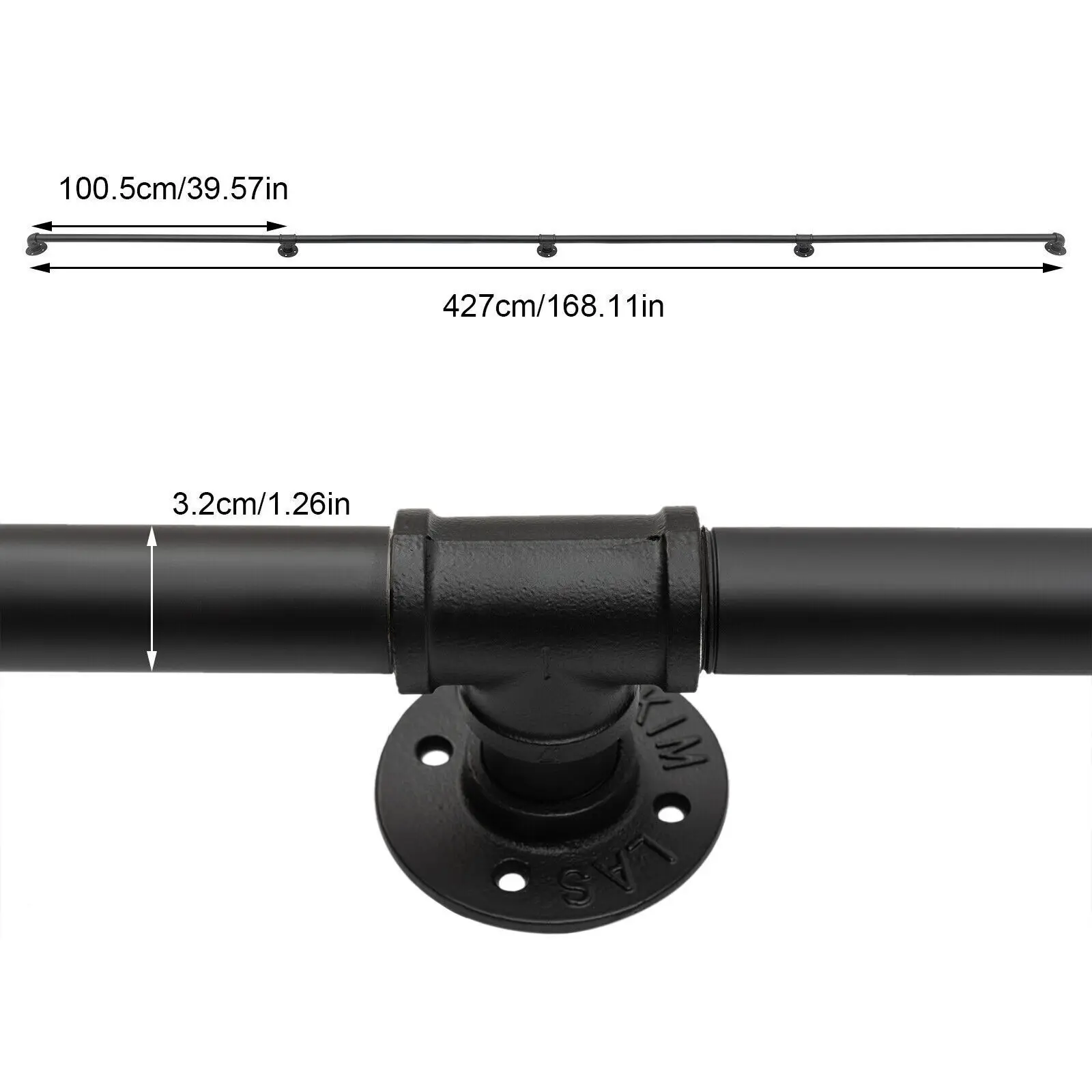 14FT/427cm Industrial Pipe Stair Handrail Wall-Mounted Black Staircase Handrail