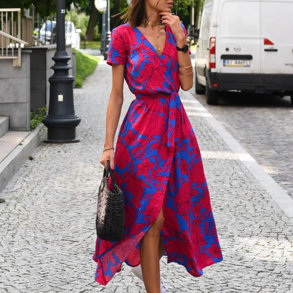 Letnia sukienka plażowa Kwiatowy nadruk Dekolt w szpic Krótki rękaw Sznurowana sukienka z wysokim stanem Bohemian Dress Split Tight Waist Dress-up