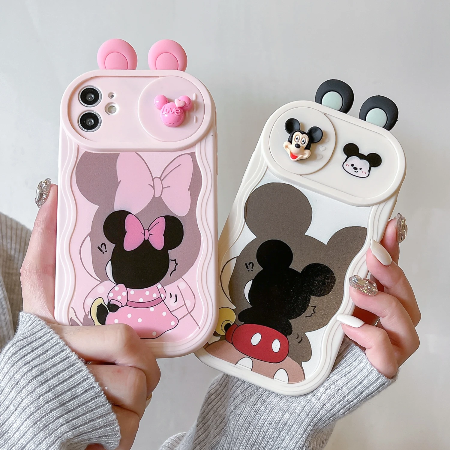 Ears Toy Cartoon Case for iPhone 7 8 Plus X XS Max XR 11 12 13 14 Plus 15 Pro Max Minnie Mickey Sliding Camera Wave Phone Case