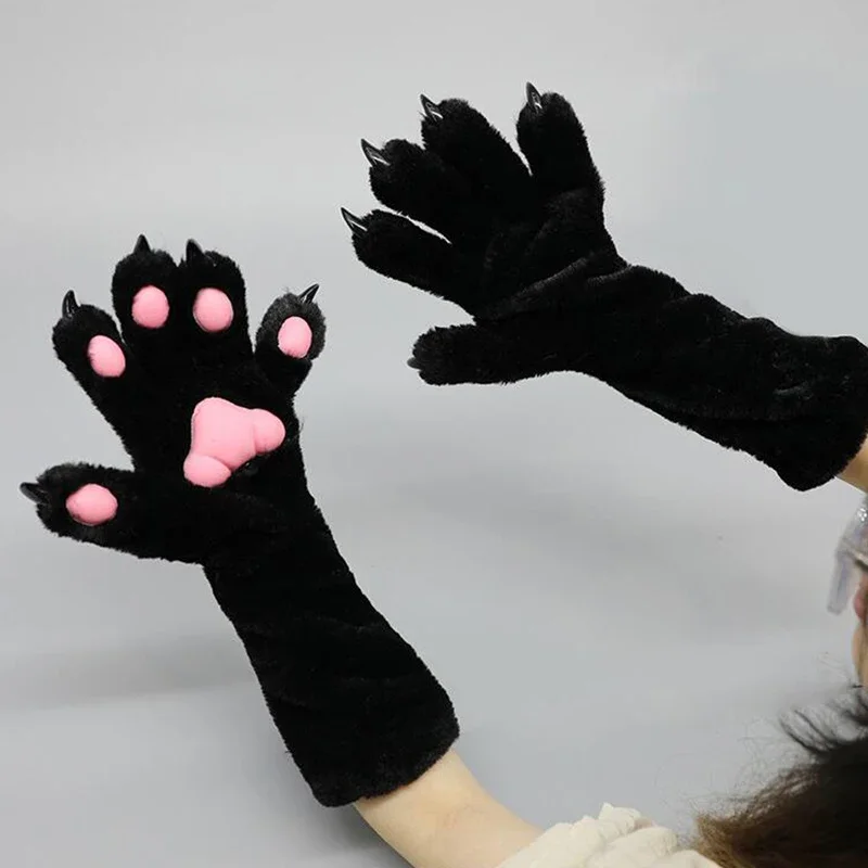 Faux Fur Animal Paw Gloves Claws Pads Cat Bear Fox Wolf Cosplay Mittens for Halloween Comic Kigurumi Party Accessories