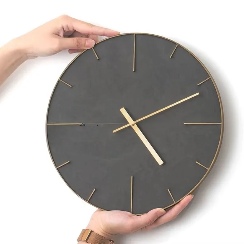 Round concrete wall clock black with gold border silent non-ticking home decoration