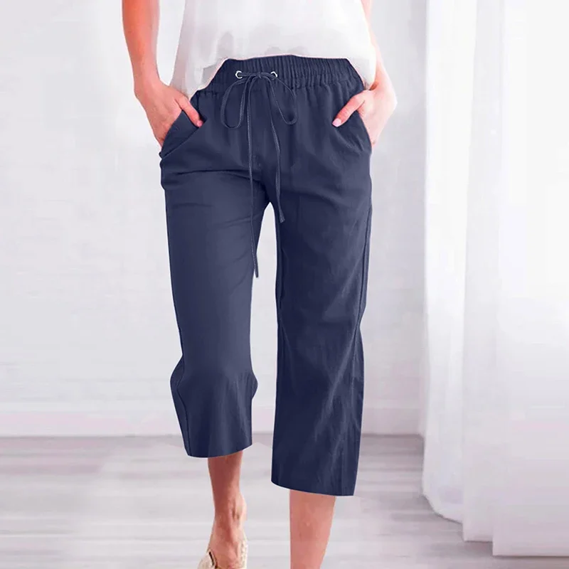 

Summer Pants For Women Casual Solid Color Elastic High Waist Cotton And Linen Loose Drawstring Pocket Mid Leg Calf-Length Pants