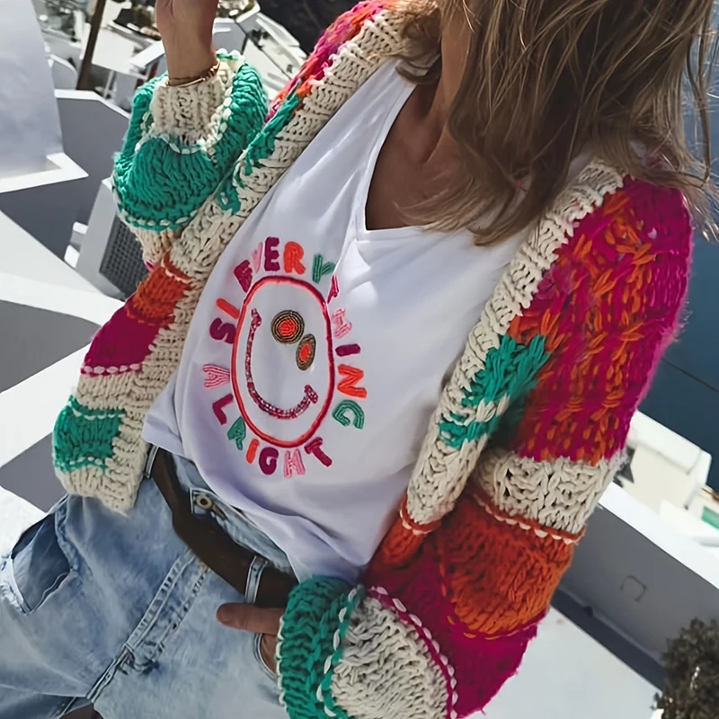 

Fashion Color Blocked Long Sleeve Sweater Cardigans Casual V-neck Women's Commute Coat Autumn Winter Lady New Hollow Out Jumpers
