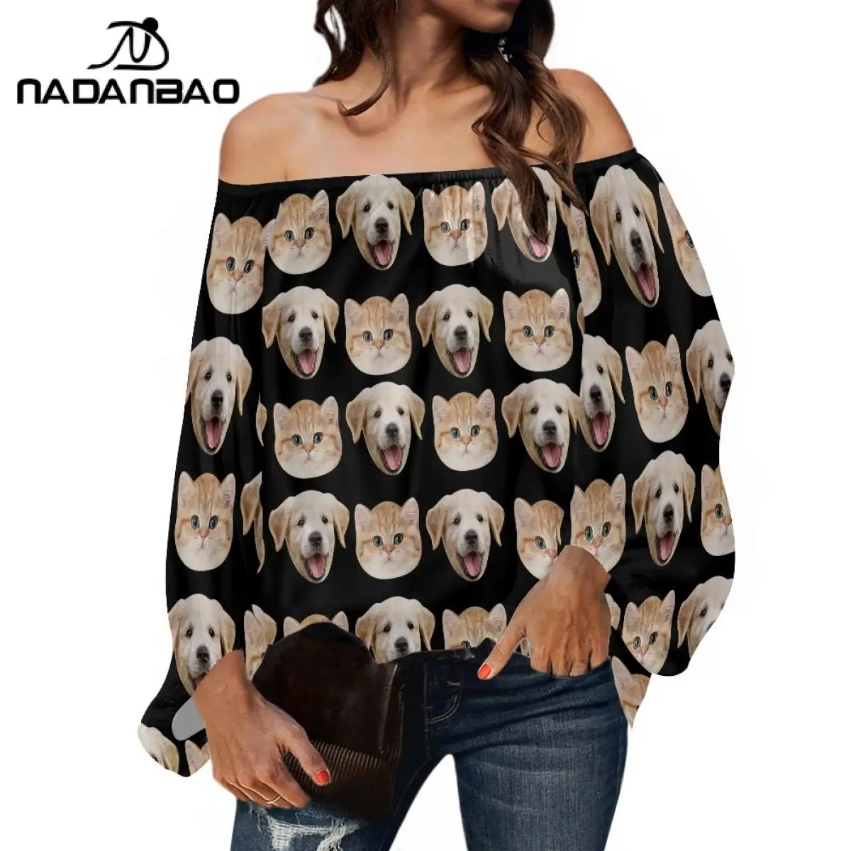 Your Image Customized Off Shoulder Chiffon Blouse Personalized Pet Face Design Top Personalized Summer Fashion Shirt Clothing