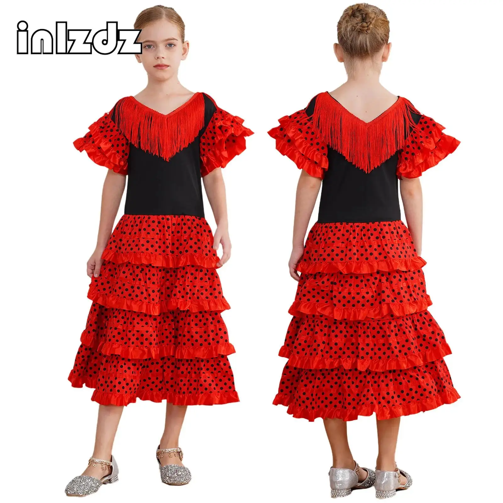 

Spanish Costume Girls Long Red Flamenco Dress Ballroom Skirt Gypsy Style Dance Dresses Costumes Bullfight Festival Clothes