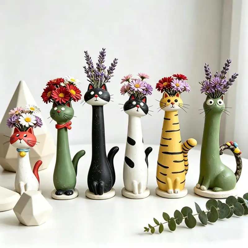 1 Piece Cat Shaped Resin Vase Cute Long Necked Flower Holder Creative Cat Decor for Home Office Desk