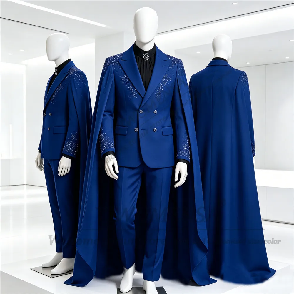 Exclusive Beading Crystals Suit Men For Wedding High-End Customized Man Prom Blazer With Cape Long Formal Party Groom Tuxedos