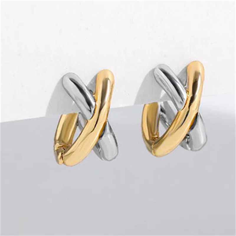 Punk Gold Silver Color Mixing Metal Criss-cross Hoop Earrings for Women Geometric Small Ear Bone Aros Huggie Hoops Jewelry